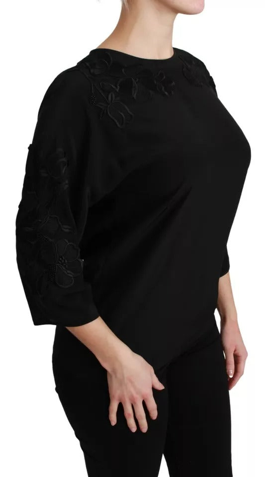 Black Floral Embroidered Blouse Silk Top