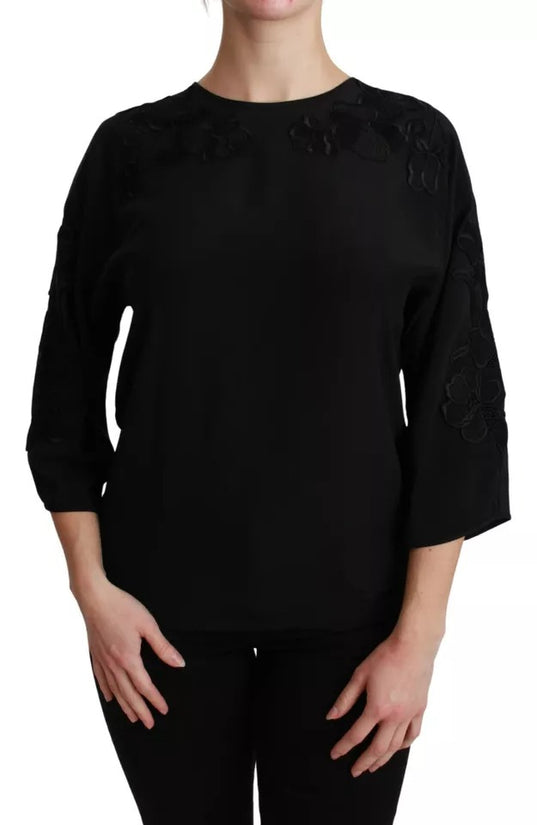 Black Floral Embroidered Blouse Silk Top