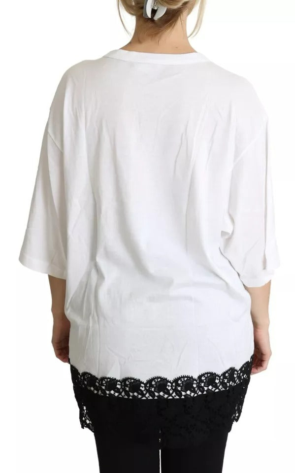 White Angel Print Cotton Round Neck Shirt Top