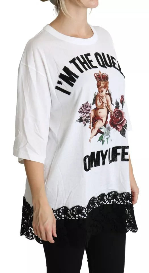 White Angel Print Cotton Round Neck Shirt Top