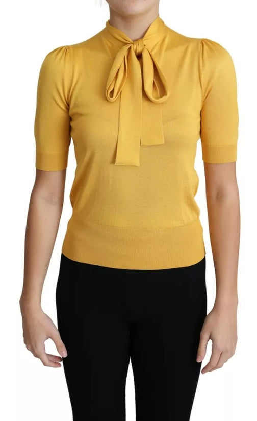 Yellow Silk Knit Pullover Ascot Collar Top