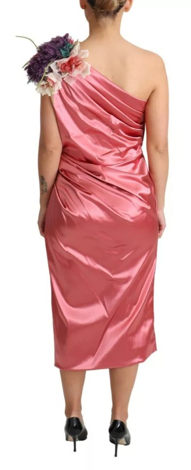 Pink Draped Midi Flower Applique Dress