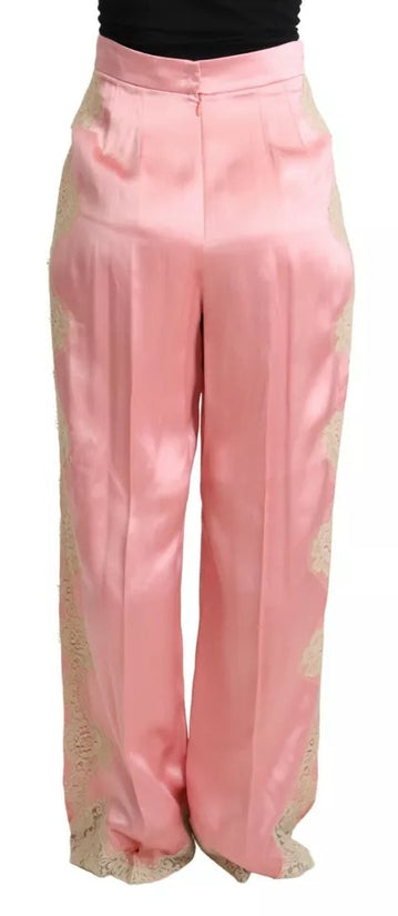 Pink Lace Trimmed Silk Satin Wide Legs Pants