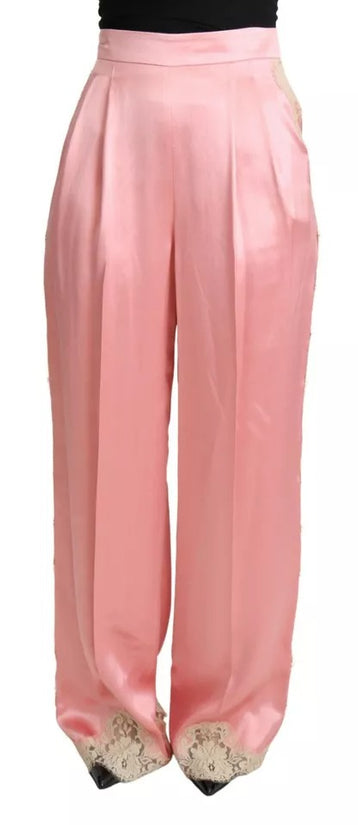 Pink Lace Trimmed Silk Satin Wide Legs Pants