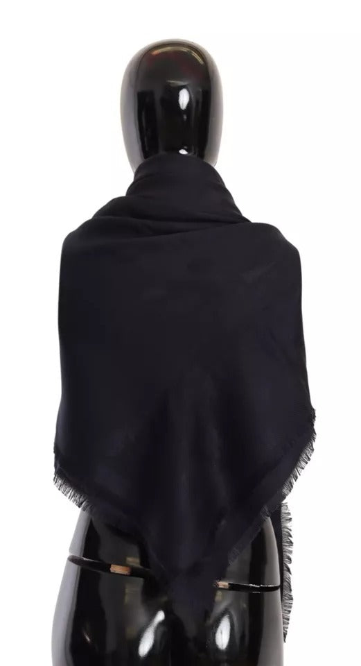 Black Solid Silk Wool Fringe Wrap Scarf