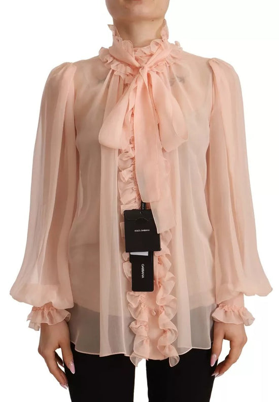 Light Pink Silk Long Sleeve Ascot Collar Top