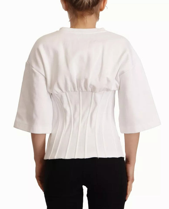 White Cotton Blend 3/4 Sleeves Blouse Top