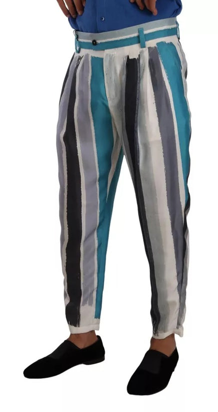 Blue Striped Silk Tapered Pants