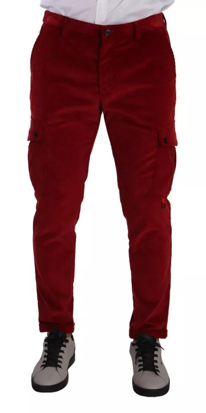 Red Corduroy Cotton Cargo Skinny Pants