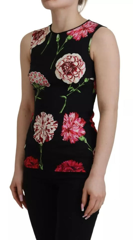 Black Floral Sleeveless Tank Top Silk Blouse