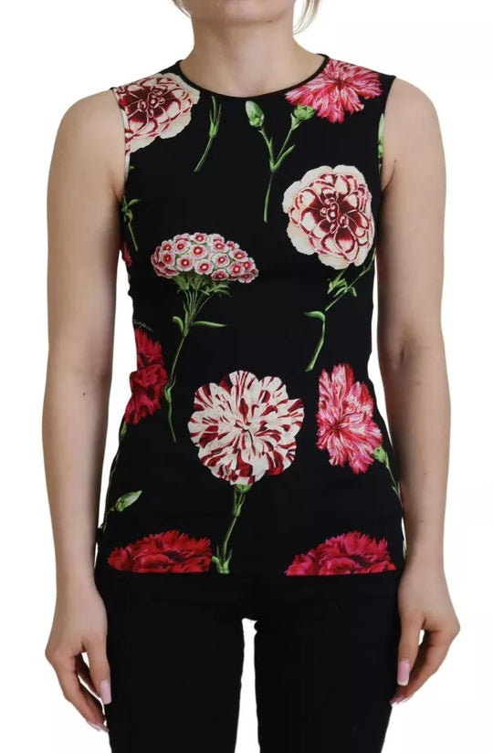 Black Floral Sleeveless Tank Top Silk Blouse