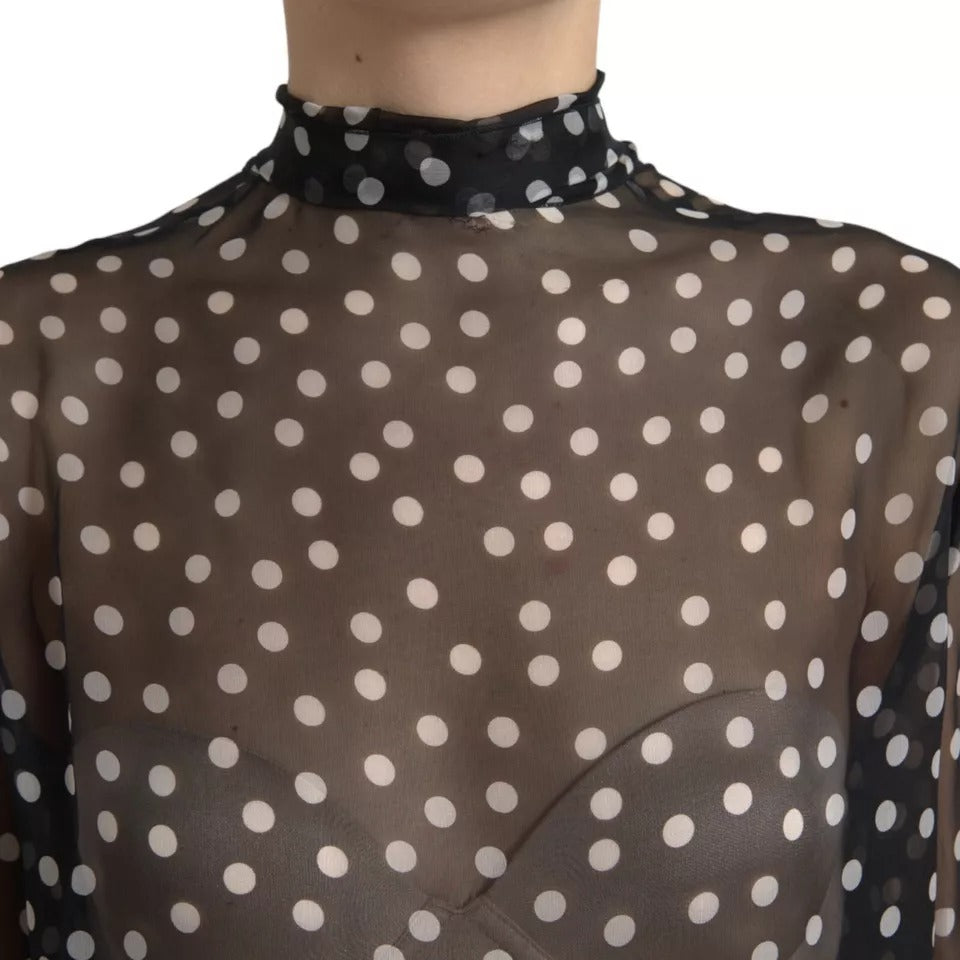 Black White Polka Dot Silk Ascot Collar Top