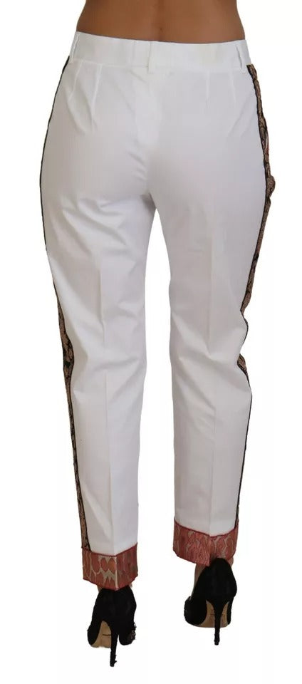 White Jacquard Cotton Blend Mid Waist Pants