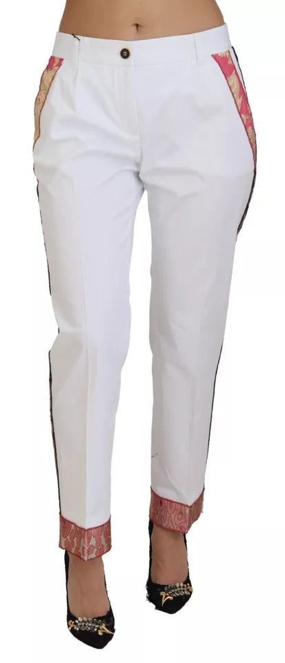 White Jacquard Cotton Blend Mid Waist Pants