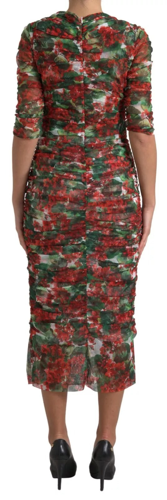 Red Floral Print Tulle Sheath Midi Dress