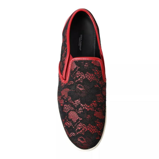 Black Red Lace Slip On Low Top Sneakers Shoes