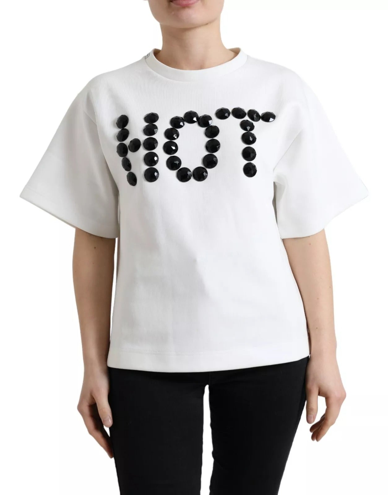 White Cotton Stretch Black HOT Crystal T-shirt