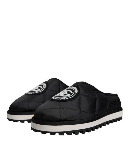 Black Nylon Quilted Logo Patch Sandals Slides Shoes