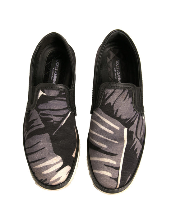 Black Canvas Tropical Print Slip On Shoes