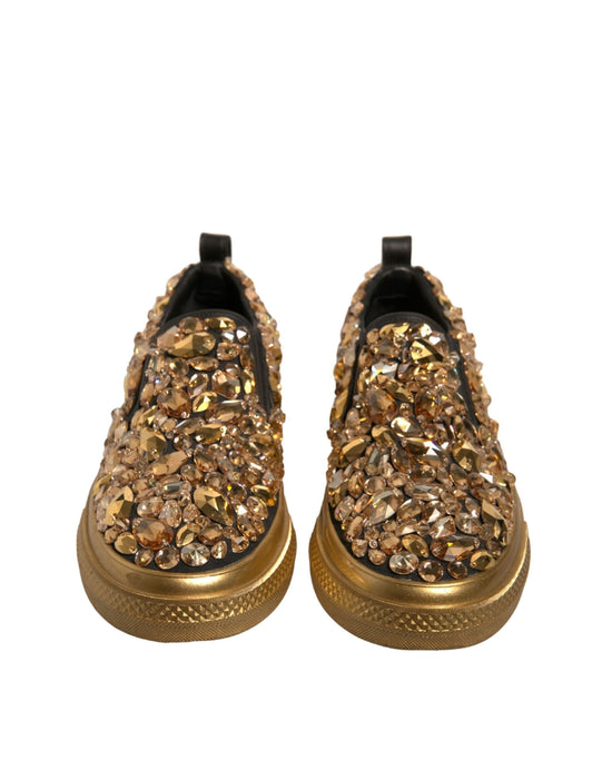 Gold Crystal Embellished Slip On Shoes