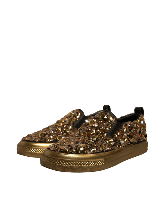 Gold Crystal Embellished Slip On Shoes