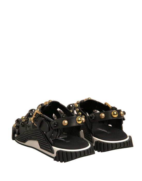 Black Leather Studded Slides Sandals Shoes