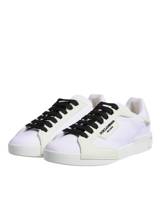 White Nylon Leather Low Top Sneakers Shoes