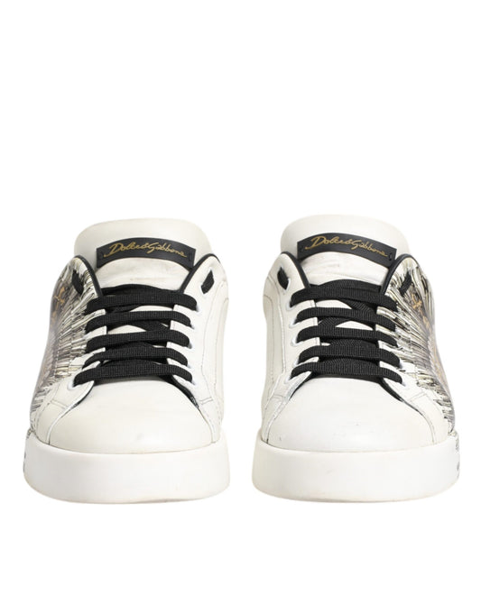 White Black Leather Crown Sneakers Shoes