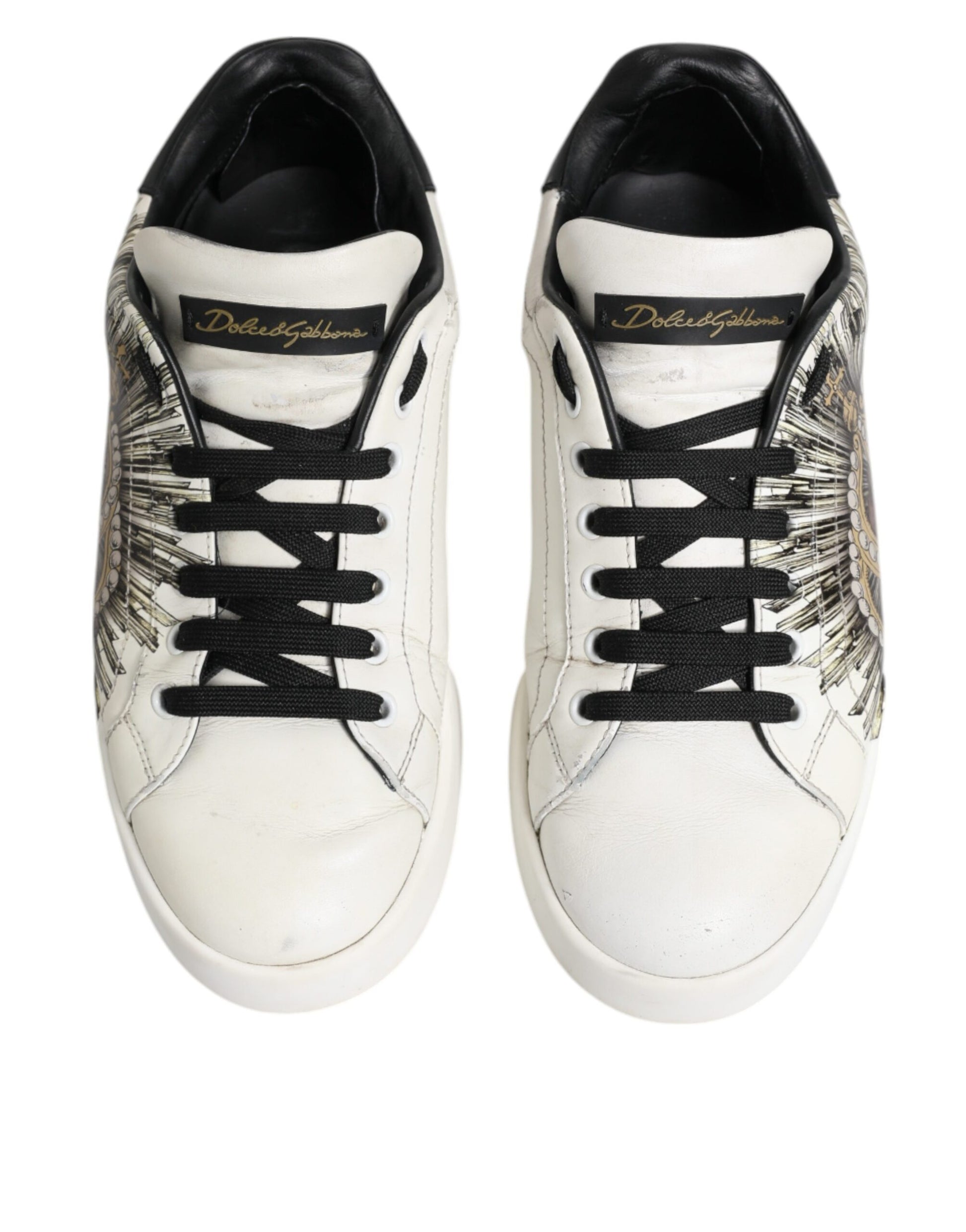 White Black Leather Crown Sneakers Shoes