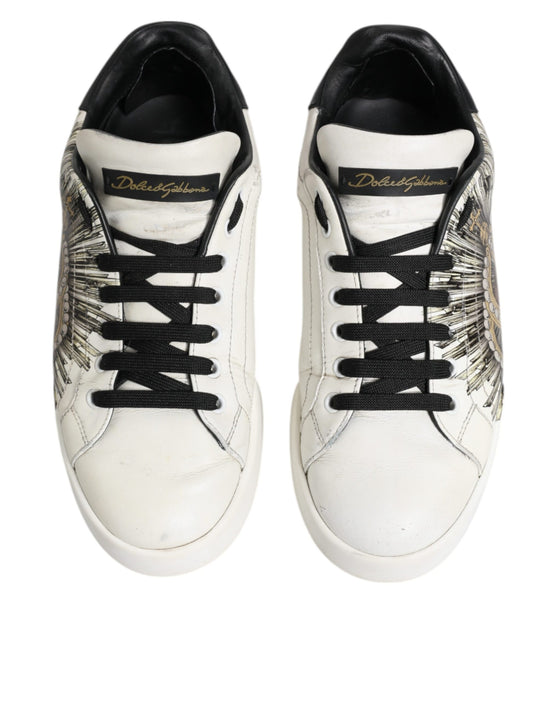 White Black Leather Crown Sneakers Shoes