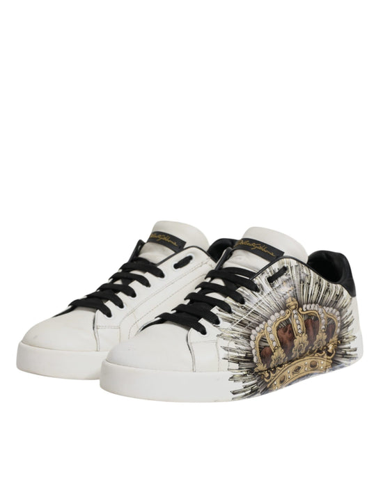 White Black Leather Crown Sneakers Shoes