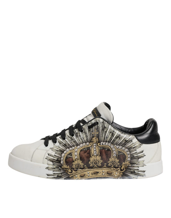 White Black Leather Crown Sneakers Shoes