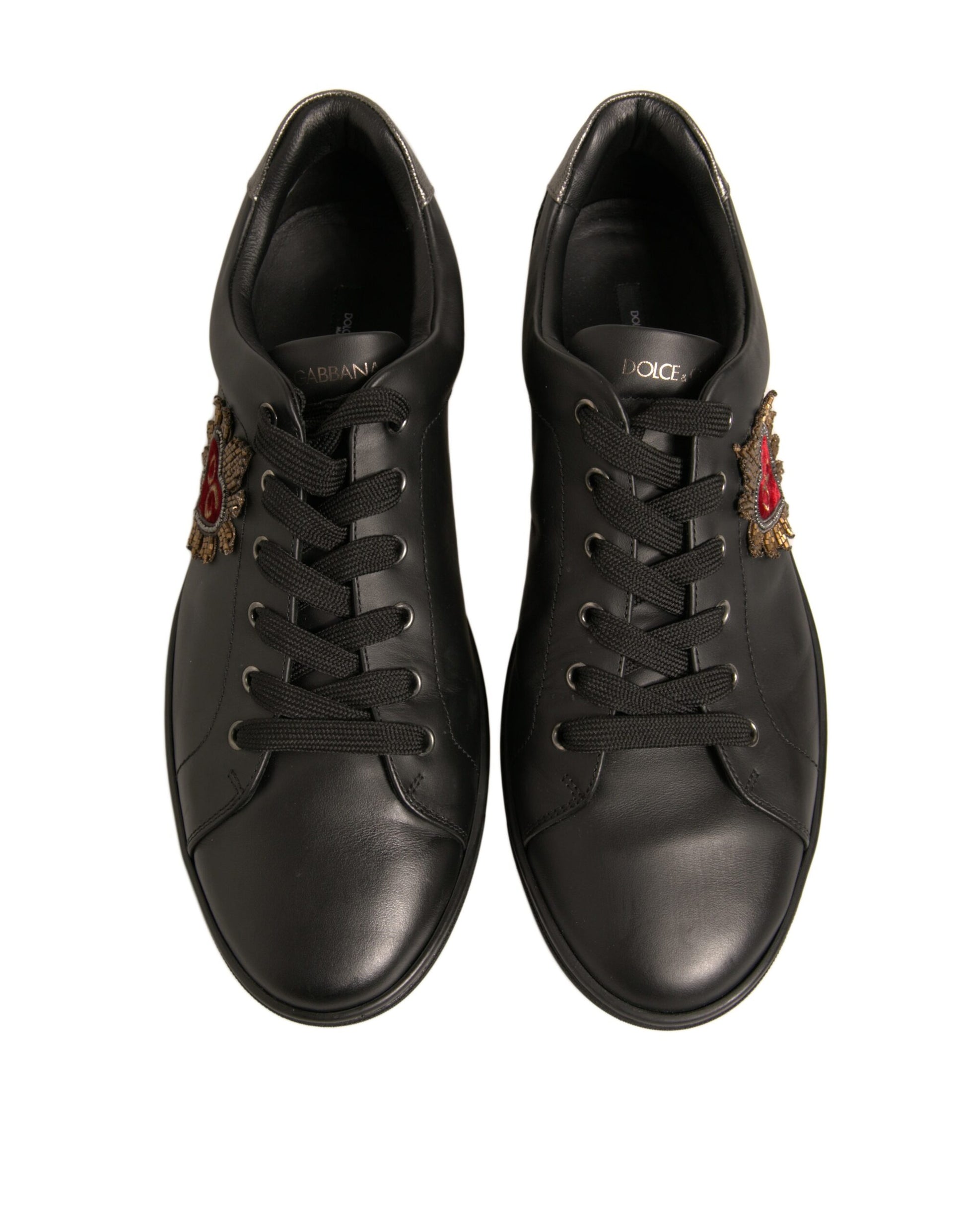 Black Leather Heart Embellished Sneakers Shoes