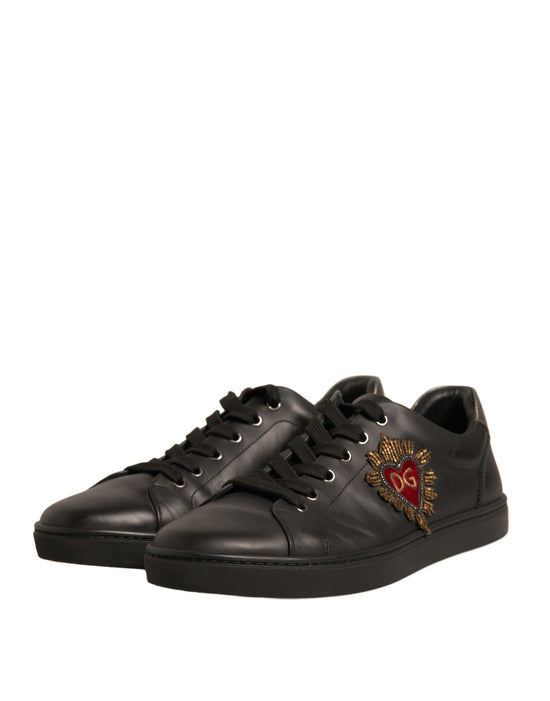 Black Leather Heart Embellished Sneakers Shoes