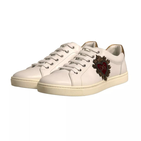 White Leather Heart Embellished Sneakers Shoes