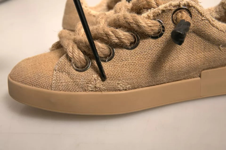 Brown Jute Fabric Low Top Men Sneakers Shoes