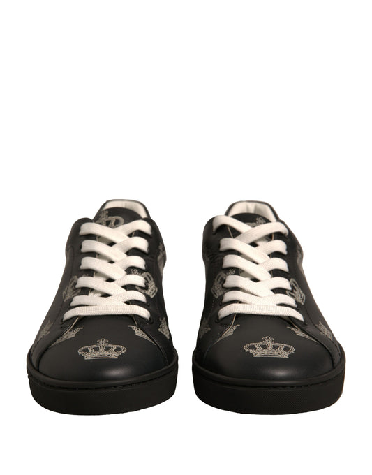 Black Leather Crown Low Top Sneakers Shoes