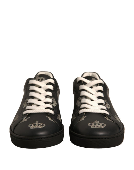 Black Leather Crown Low Top Sneakers Shoes