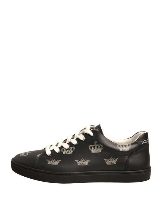 Black Leather Crown Low Top Sneakers Shoes