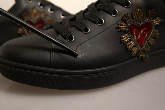 Black Leather Heart Embellished Sneakers Shoes