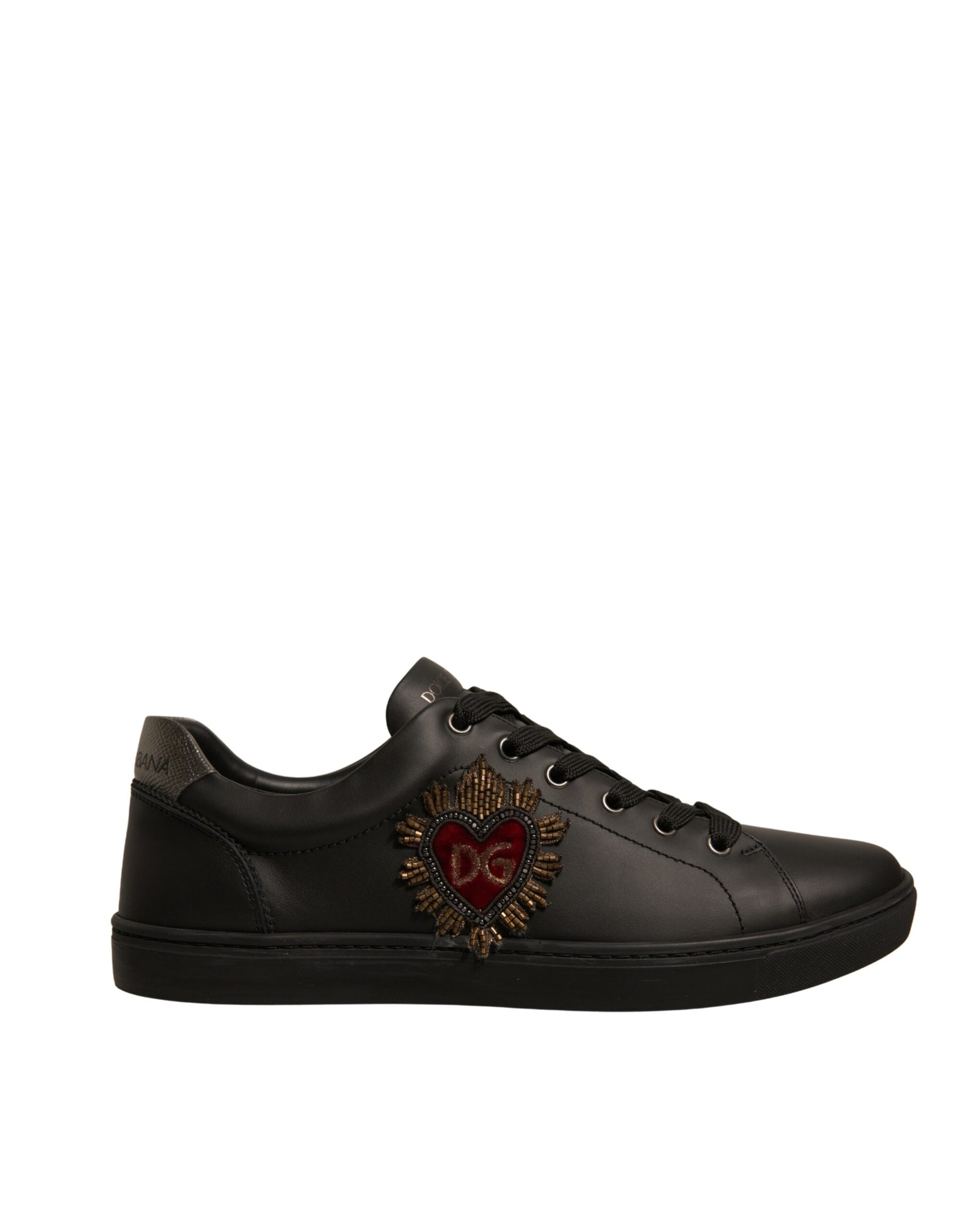 Black Leather Heart Embellished Sneakers Shoes