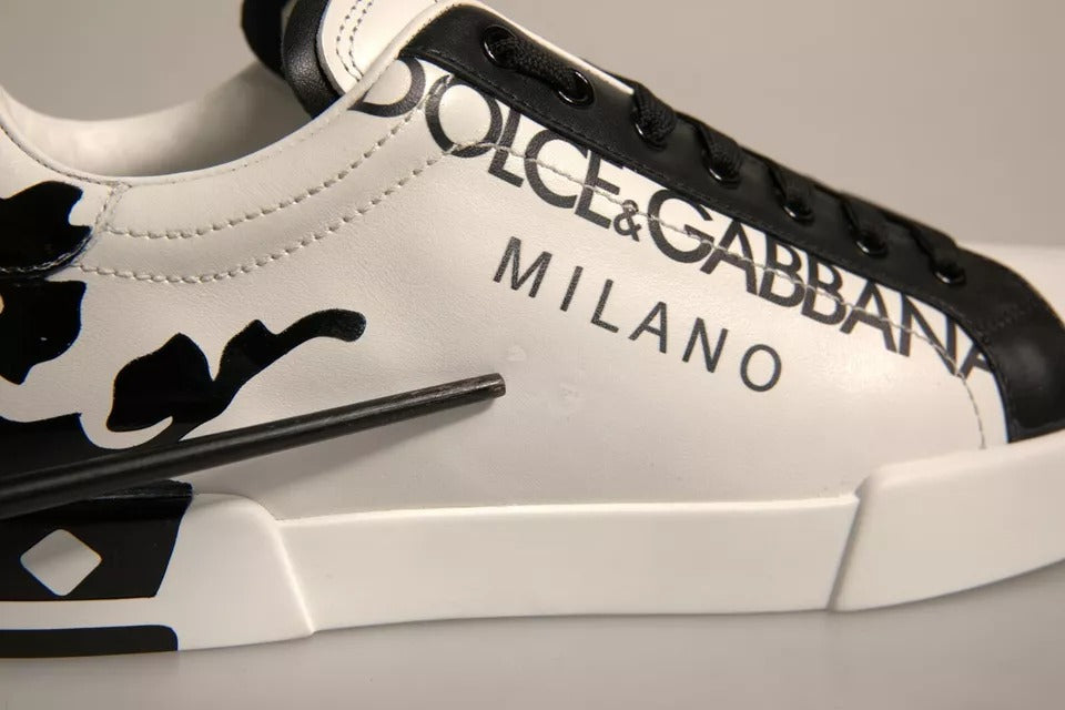 White Black Leather Crown Milano Sneakers Shoes