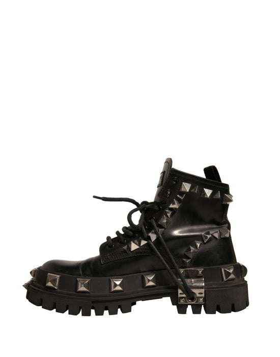 Black Leather Studded Trekking Boots Shoes