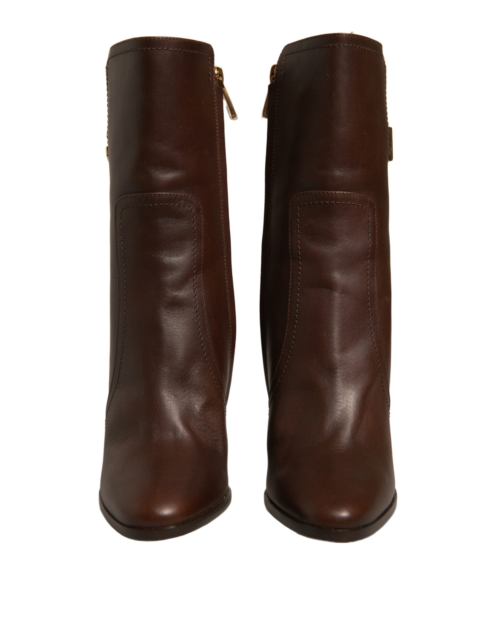 Brown Leather Heels Mid Calf Boots Shoes