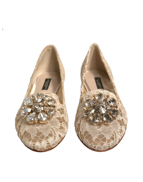 Beige Crystal Loafer Lace Ballet Flats Shoes