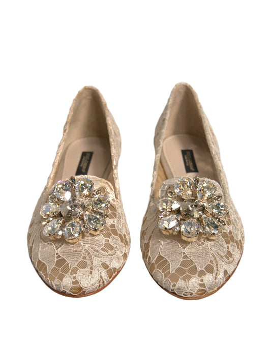 Beige Crystal Loafer Lace Ballet Flats Shoes