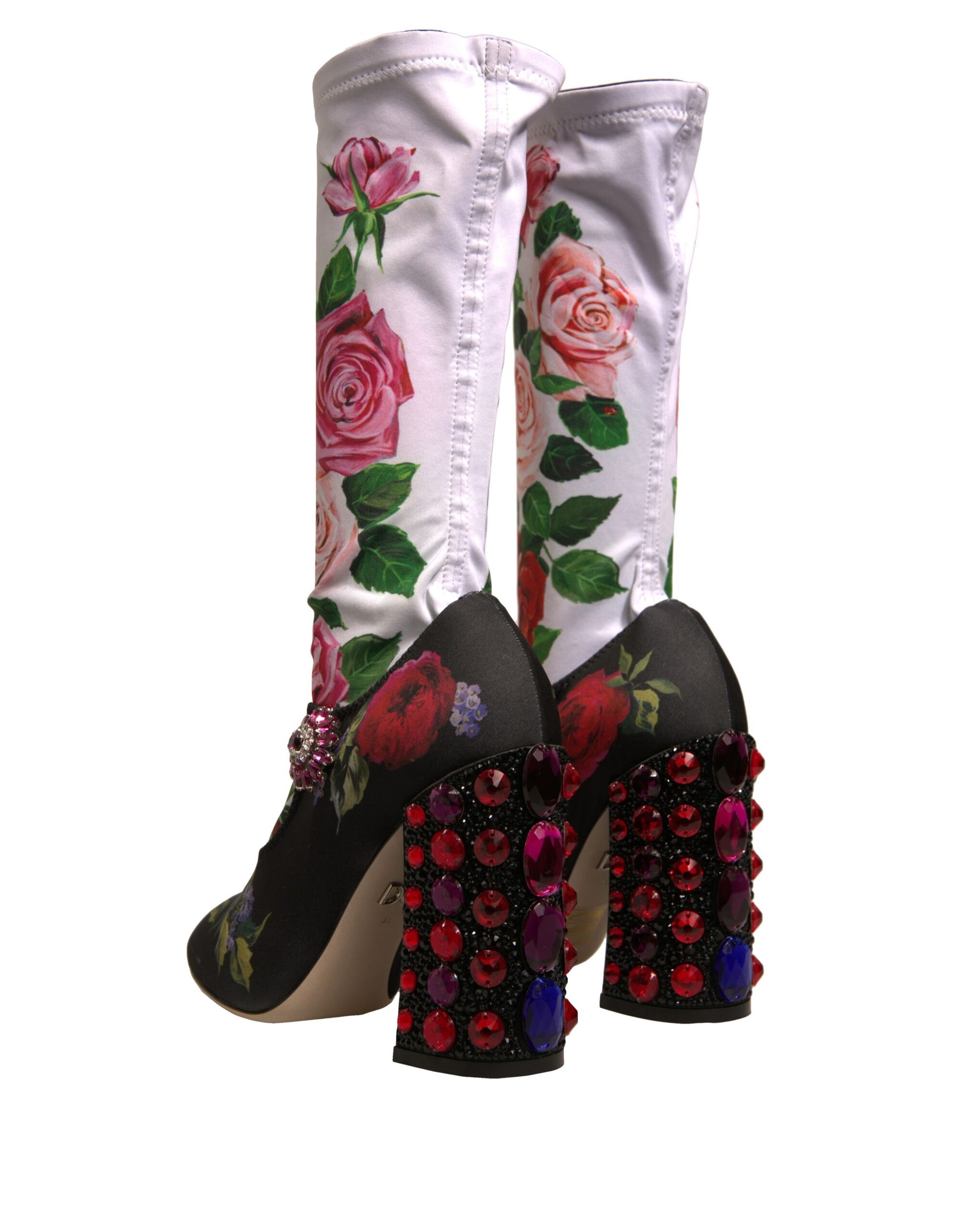 Black Floral Socks Crystal Boots Jersey Shoes