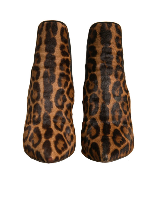 Brown Leopard Leather Stretch Heels Boots Shoes