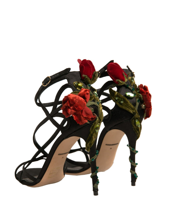 Black Strappy Flower Heels Sandals Shoes