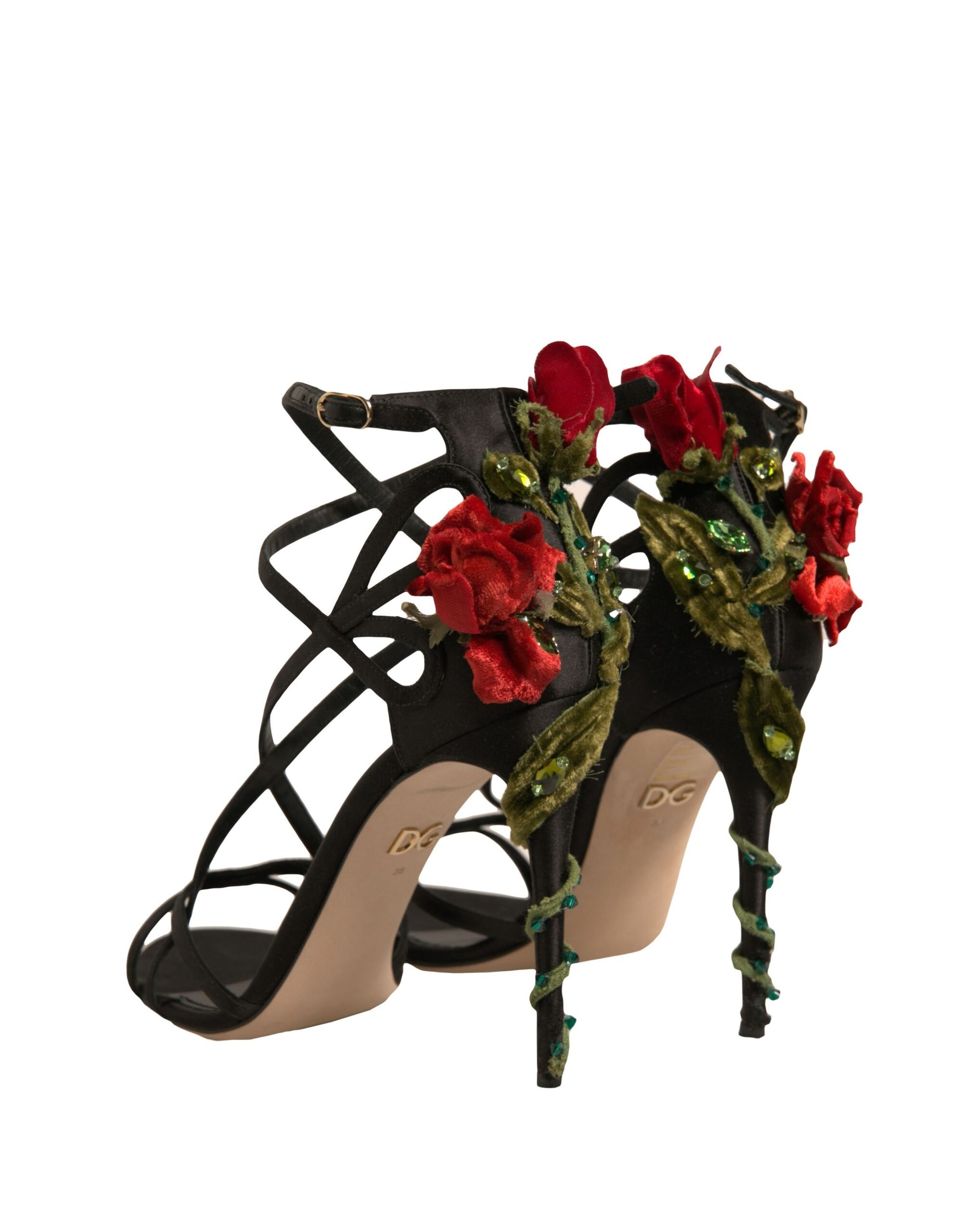 Black Strappy Flower Heels Sandals Shoes